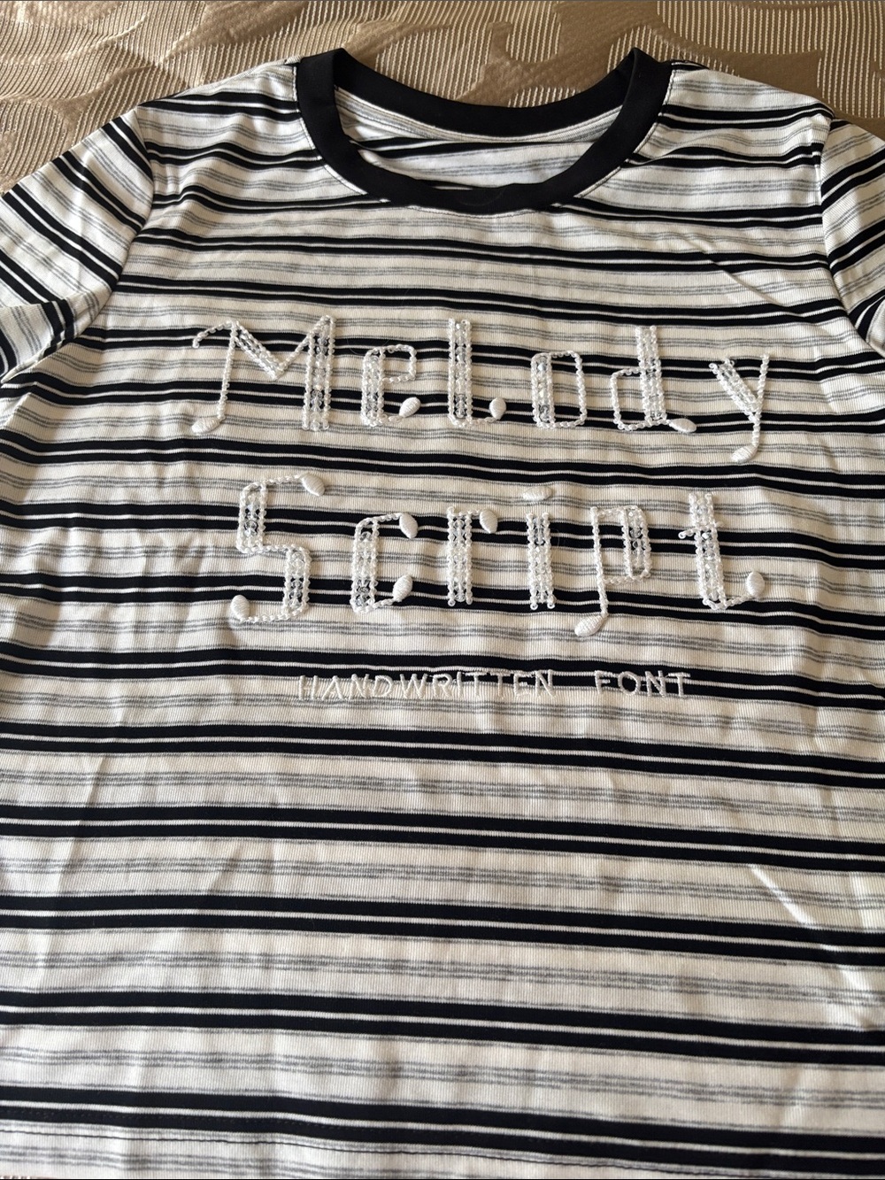 Melody Script Black & White Striped Short Sleeve Tee